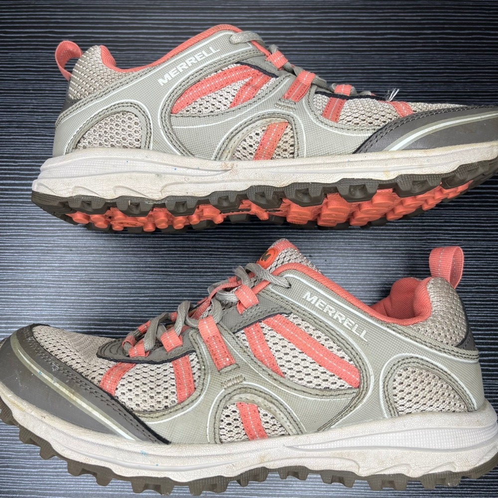Merrell Trail Running Shoes Womens 8.5 Grey Coral Mesh Athletic Hiking Sneakers